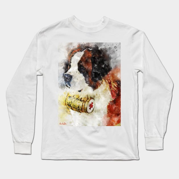 St Bernard Watercolor Portrait with a Sherry Keg on the Neck Long Sleeve T-Shirt by ibadishi